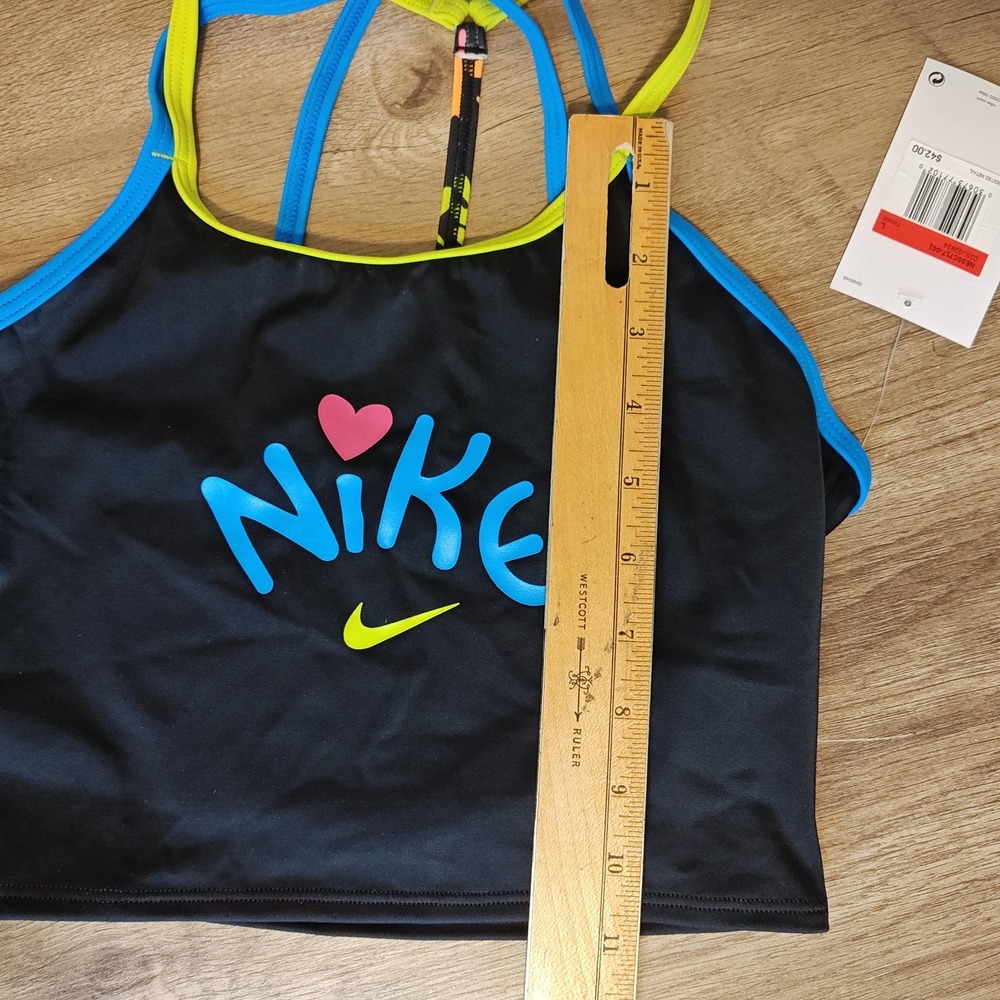 Nike Kids Girls Swim Top Crop Black Blue Pink Neon Green Heart Logo Size L - Picture 8 of 10